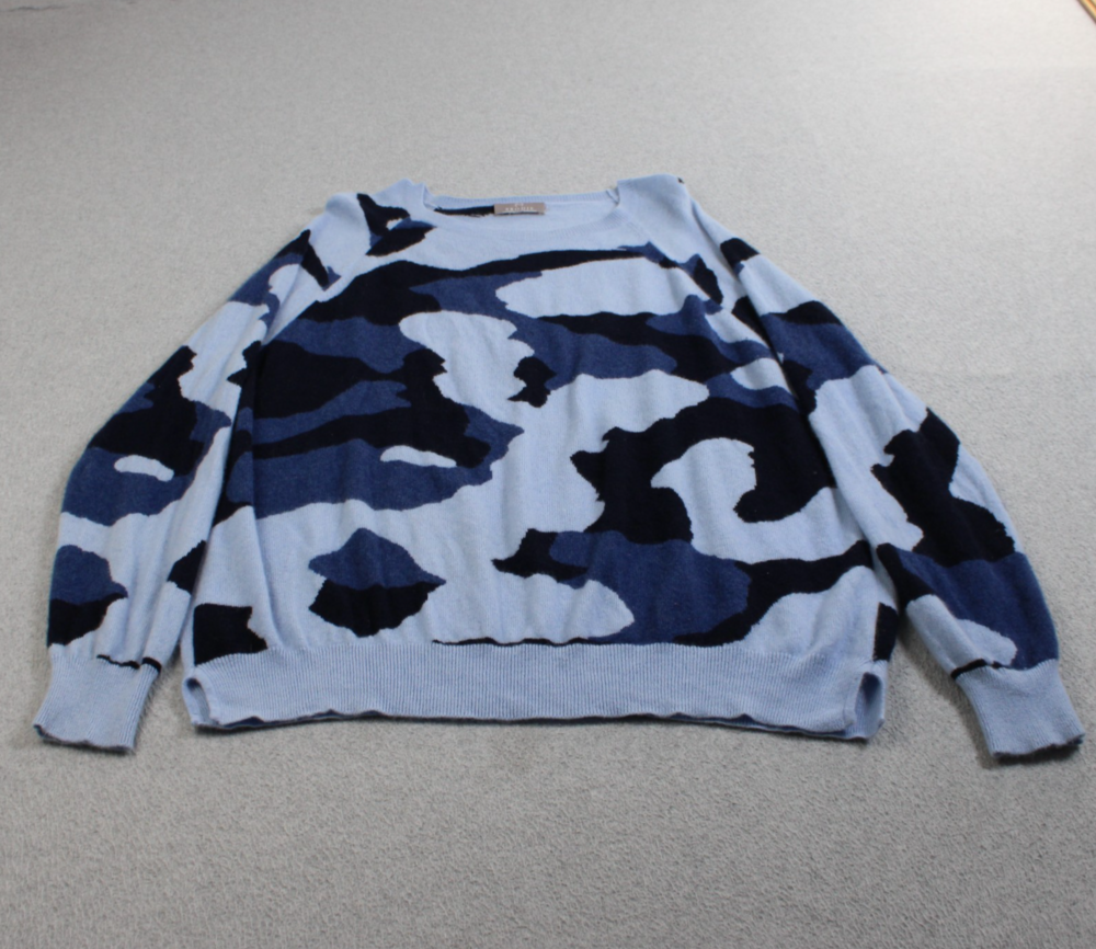 Brodie Cashmere Sweater Women XL Blue Camo Machina Washable Jumper Colorful Twee